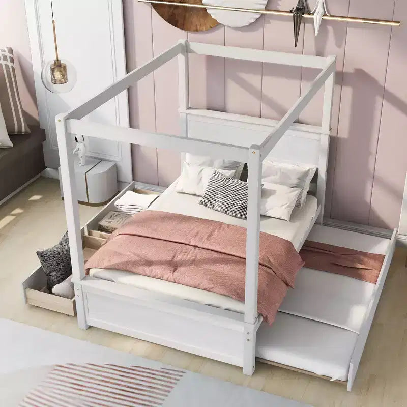 Holz-Himmelbett mit Ausziehbett und zwei Schubladen, Himmel-Plattformbett in voller Größe mit Stützlatten. Kein Boxspringbett erforderlich. Gebürstetes Weiß