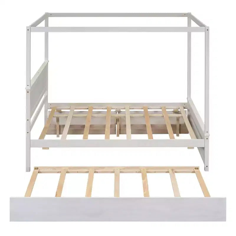 Holz-Himmelbett mit Ausziehbett und zwei Schubladen, Himmel-Plattformbett in voller Größe mit Stützlatten. Kein Boxspringbett erforderlich. Gebürstetes Weiß