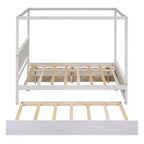 Holz-Himmelbett mit Ausziehbett und zwei Schubladen, Himmel-Plattformbett in voller Größe mit Stützlatten. Kein Boxspringbett erforderlich. Gebürstetes Weiß