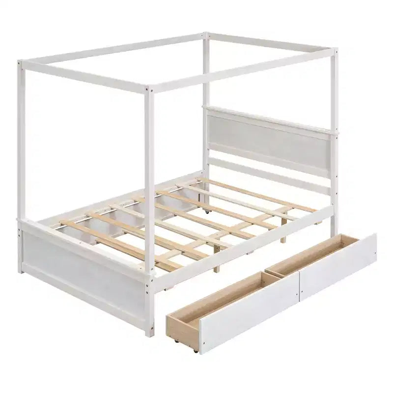 Holz-Himmelbett mit Ausziehbett und zwei Schubladen, Himmel-Plattformbett in voller Größe mit Stützlatten. Kein Boxspringbett erforderlich. Gebürstetes Weiß