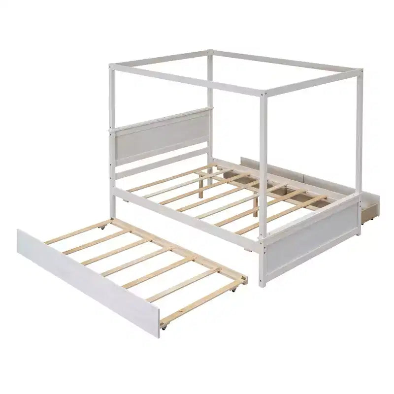 Holz-Himmelbett mit Ausziehbett und zwei Schubladen, Himmel-Plattformbett in voller Größe mit Stützlatten. Kein Boxspringbett erforderlich. Gebürstetes Weiß