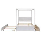 Holz-Himmelbett mit Ausziehbett und zwei Schubladen, Himmel-Plattformbett in voller Größe mit Stützlatten. Kein Boxspringbett erforderlich. Gebürstetes Weiß