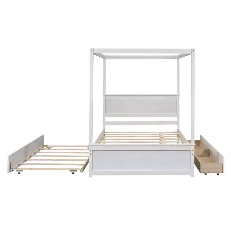 Holz-Himmelbett mit Ausziehbett und zwei Schubladen, Himmel-Plattformbett in voller Größe mit Stützlatten. Kein Boxspringbett erforderlich. Gebürstetes Weiß