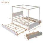 Holz-Himmelbett mit Ausziehbett und zwei Schubladen, Himmel-Plattformbett in voller Größe mit Stützlatten. Kein Boxspringbett erforderlich. Gebürstetes Weiß