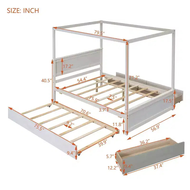 Holz-Himmelbett mit Ausziehbett und zwei Schubladen, Himmel-Plattformbett in voller Größe mit Stützlatten. Kein Boxspringbett erforderlich. Gebürstetes Weiß