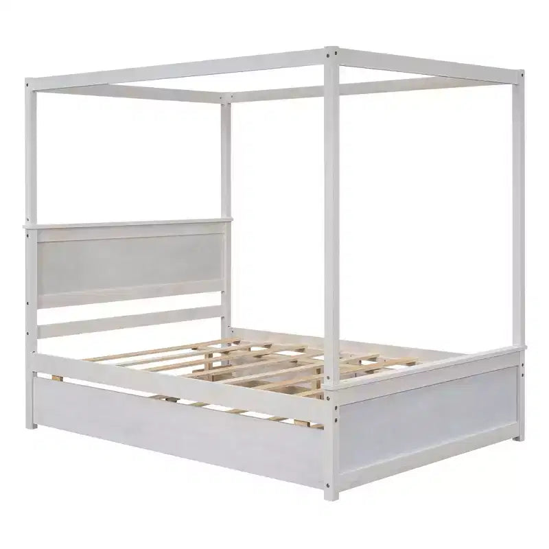 Holz-Himmelbett mit Ausziehbett und zwei Schubladen, Himmel-Plattformbett in voller Größe mit Stützlatten. Kein Boxspringbett erforderlich. Gebürstetes Weiß
