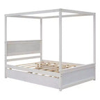 Holz-Himmelbett mit Ausziehbett und zwei Schubladen, Himmel-Plattformbett in voller Größe mit Stützlatten. Kein Boxspringbett erforderlich. Gebürstetes Weiß