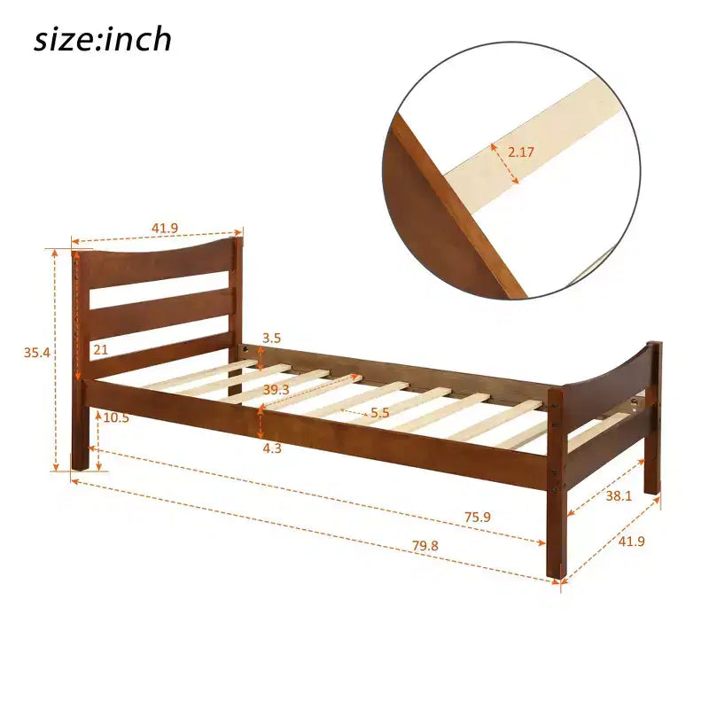 Einzelbett-Plattformrahmen aus Holz mit Kopfteil und Holzlattenrost (Nussbaum)