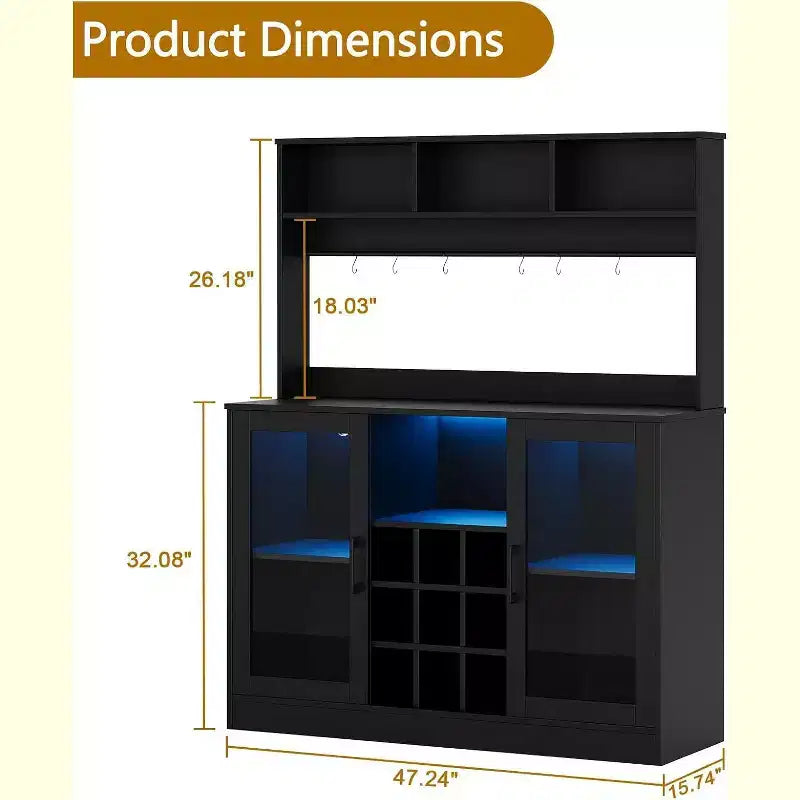 47-Zoll-Weinbarschrank, Spirituosenschrank Küchen-Kaffeebar-Ablage, Ablage-Buffet für Home Office Esszimmer, Schwarz
