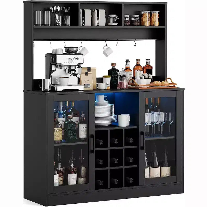 47-Zoll-Weinbarschrank, Spirituosenschrank Küchen-Kaffeebar-Ablage, Ablage-Buffet für Home Office Esszimmer, Schwarz