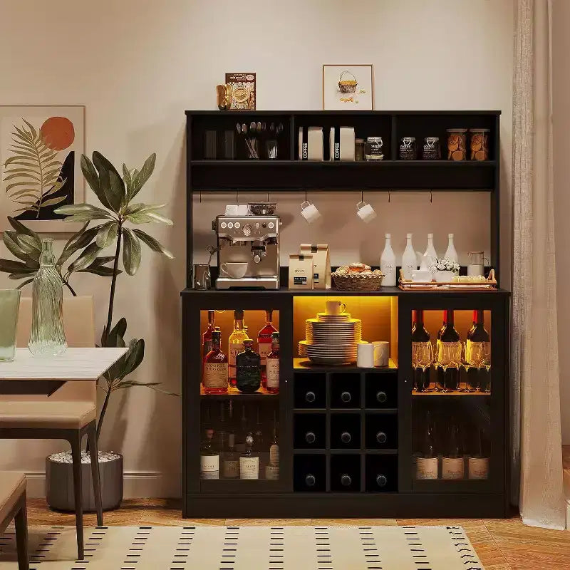 47-Zoll-Weinbarschrank, Spirituosenschrank Küchen-Kaffeebar-Ablage, Ablage-Buffet für Home Office Esszimmer, Schwarz