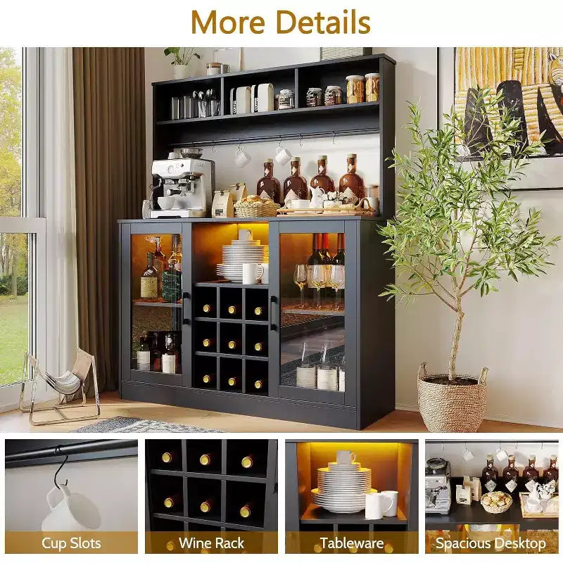 47-Zoll-Weinbarschrank, Spirituosenschrank Küchen-Kaffeebar-Ablage, Ablage-Buffet für Home Office Esszimmer, Schwarz