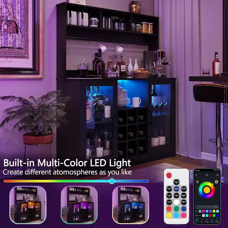 47-Zoll-Weinbarschrank, Spirituosenschrank Küchen-Kaffeebar-Ablage, Ablage-Buffet für Home Office Esszimmer, Schwarz