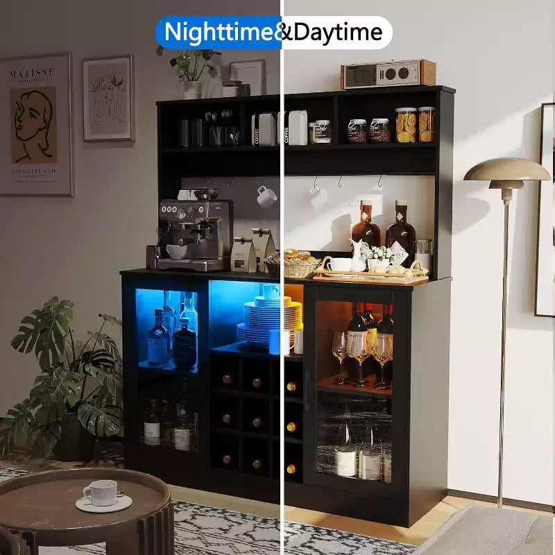 47-Zoll-Weinbarschrank, Spirituosenschrank Küchen-Kaffeebar-Ablage, Ablage-Buffet für Home Office Esszimmer, Schwarz