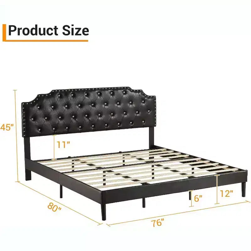 King-Plattformbettgestell, schwarz gepolstert, Knopf-getuftetes Kopfteil, 6 Zoll Stauraum unter dem Bett, Holzlattenrost, kein Boxspringbett erforderlich, einfache Montage