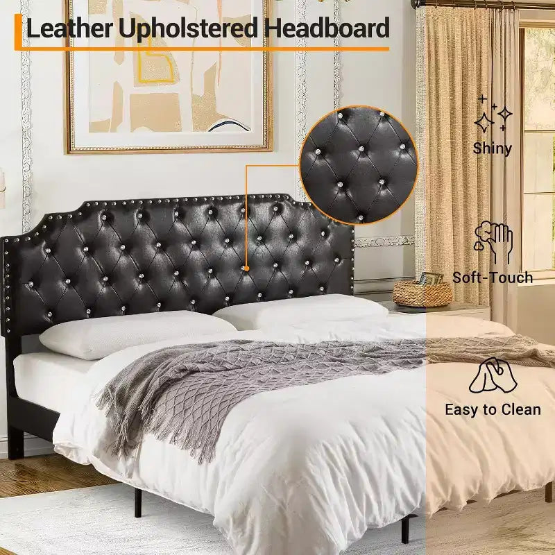 King-Plattformbettgestell, schwarz gepolstert, Knopf-getuftetes Kopfteil, 6 Zoll Stauraum unter dem Bett, Holzlattenrost, kein Boxspringbett erforderlich, einfache Montage