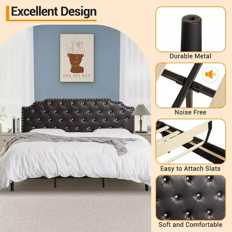 King-Plattformbettgestell, schwarz gepolstert, Knopf-getuftetes Kopfteil, 6 Zoll Stauraum unter dem Bett, Holzlattenrost, kein Boxspringbett erforderlich, einfache Montage