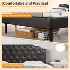 King-Plattformbettgestell, schwarz gepolstert, Knopf-getuftetes Kopfteil, 6 Zoll Stauraum unter dem Bett, Holzlattenrost, kein Boxspringbett erforderlich, einfache Montage