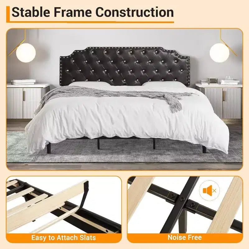King-Plattformbettgestell, schwarz gepolstert, Knopf-getuftetes Kopfteil, 6 Zoll Stauraum unter dem Bett, Holzlattenrost, kein Boxspringbett erforderlich, einfache Montage