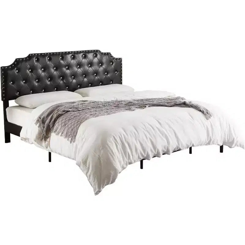 King-Plattformbettgestell, schwarz gepolstert, Knopf-getuftetes Kopfteil, 6 Zoll Stauraum unter dem Bett, Holzlattenrost, kein Boxspringbett erforderlich, einfache Montage