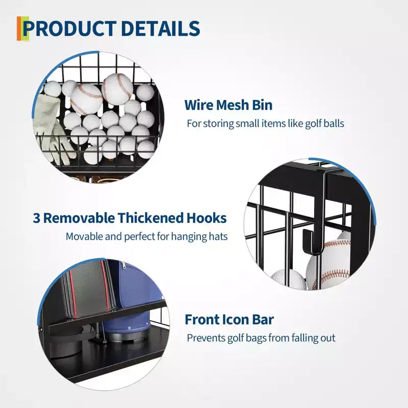 Golfbag-Organizer, Sportgeräte-Organizer, Sport-Organizer für die Garage, Golfbag-Ständer für die Garage mit Körben, Haken