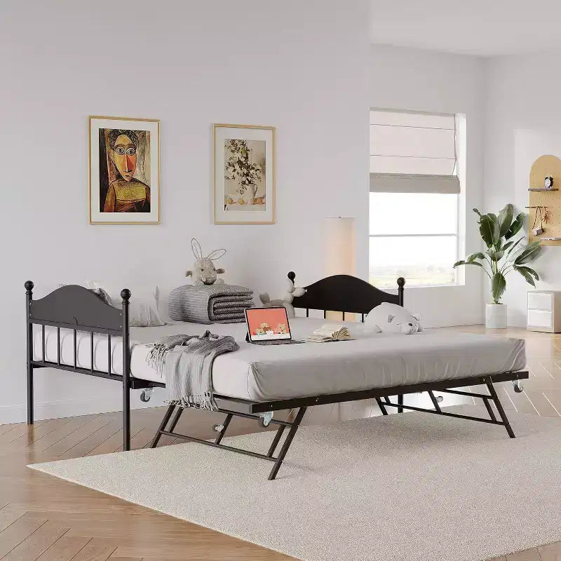 Tagesbett mit Ausziehbett, Einzel-Metall-Tagesbett, stilvolles Kopfteil, höhenverstellbares Ausziehbett, für Wohnzimmer/Schlafzimmer/Gästezimmer, Schwarz
