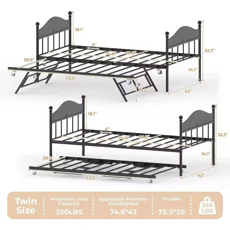 Tagesbett mit Ausziehbett, Einzel-Metall-Tagesbett, stilvolles Kopfteil, höhenverstellbares Ausziehbett, für Wohnzimmer/Schlafzimmer/Gästezimmer, Schwarz