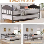Tagesbett mit Ausziehbett, Einzel-Metall-Tagesbett, stilvolles Kopfteil, höhenverstellbares Ausziehbett, für Wohnzimmer/Schlafzimmer/Gästezimmer, Schwarz