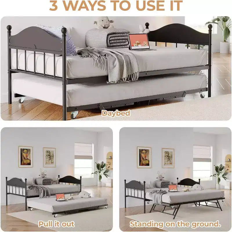 Tagesbett mit Ausziehbett, Einzel-Metall-Tagesbett, stilvolles Kopfteil, höhenverstellbares Ausziehbett, für Wohnzimmer/Schlafzimmer/Gästezimmer, Schwarz