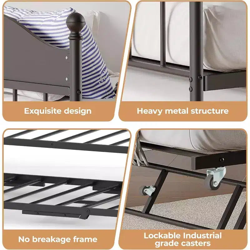 Tagesbett mit Ausziehbett, Einzel-Metall-Tagesbett, stilvolles Kopfteil, höhenverstellbares Ausziehbett, für Wohnzimmer/Schlafzimmer/Gästezimmer, Schwarz