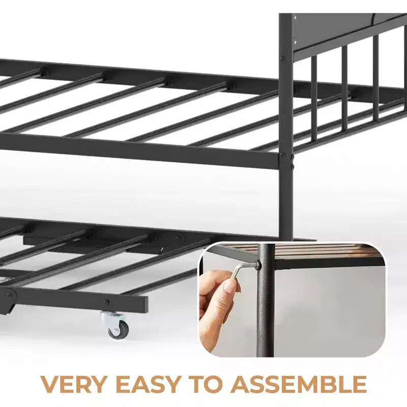 Tagesbett mit Ausziehbett, Einzel-Metall-Tagesbett, stilvolles Kopfteil, höhenverstellbares Ausziehbett, für Wohnzimmer/Schlafzimmer/Gästezimmer, Schwarz