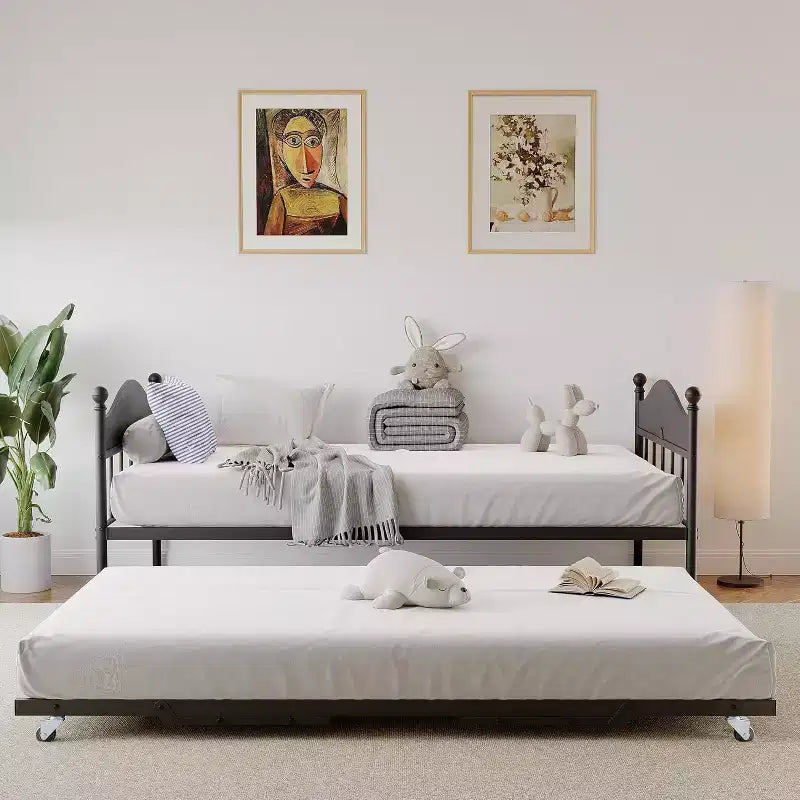 Tagesbett mit Ausziehbett, Einzel-Metall-Tagesbett, stilvolles Kopfteil, höhenverstellbares Ausziehbett, für Wohnzimmer/Schlafzimmer/Gästezimmer, Schwarz