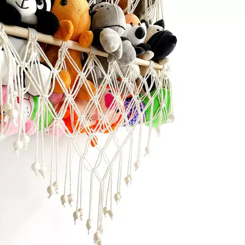 Stofftier-Aufbewahrungshängematte, Spielzeughängematte, Netz, 2-lagig, Holz, Plüschtierhalter, hängender Spielzeug-Organizer, Wandhänge-Netz für Kinderzimmer und Spielzimmer