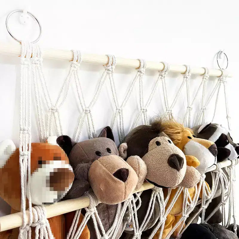 Stofftier-Aufbewahrungshängematte, Spielzeughängematte, Netz, 2-lagig, Holz, Plüschtierhalter, hängender Spielzeug-Organizer, Wandhänge-Netz für Kinderzimmer und Spielzimmer