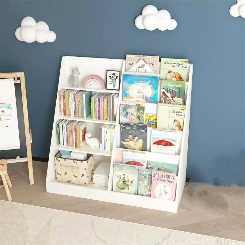 Kinderbücherregal und Spielzeugaufbewahrung, Kinderregal für Kinderzimmer, multifunktionales 4-stöckiges Bücherregal aus Holz für Kinder
