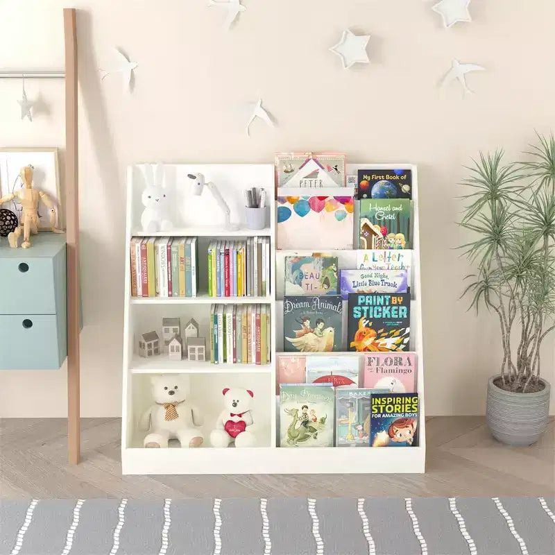 Kinderbücherregal und Spielzeugaufbewahrung, Kinderregal für Kinderzimmer, multifunktionales 4-stöckiges Bücherregal aus Holz für Kinder