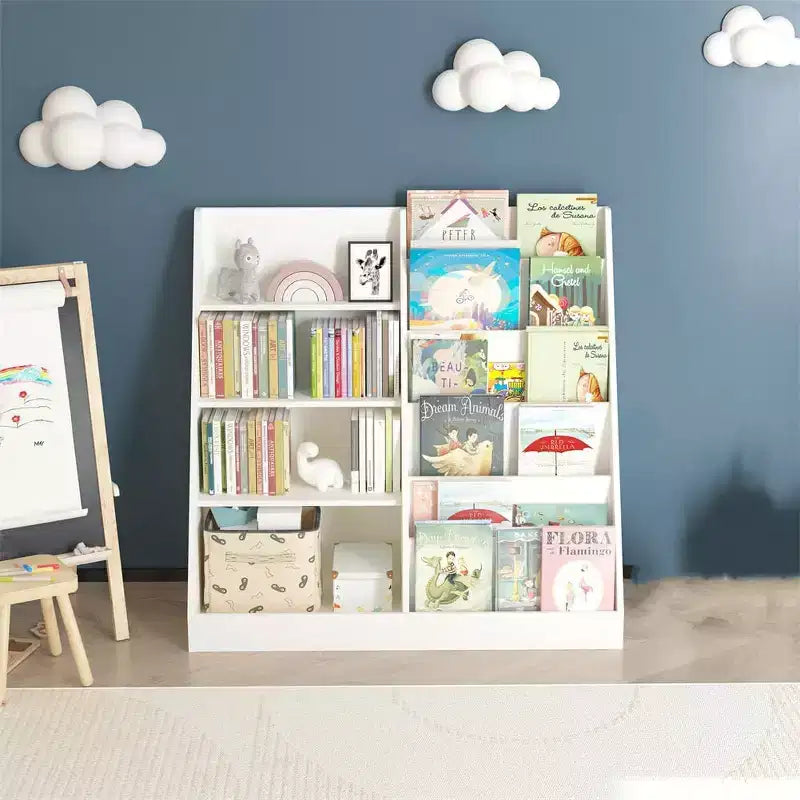 Kinderbücherregal und Spielzeugaufbewahrung, Kinderregal für Kinderzimmer, multifunktionales 4-stöckiges Bücherregal aus Holz für Kinder