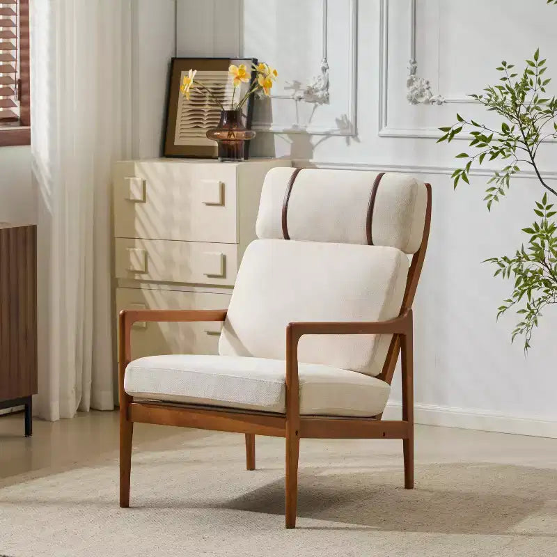 Mid-Century Moderner Holz-Sessel mit hoher Rückenlehne und Kissen