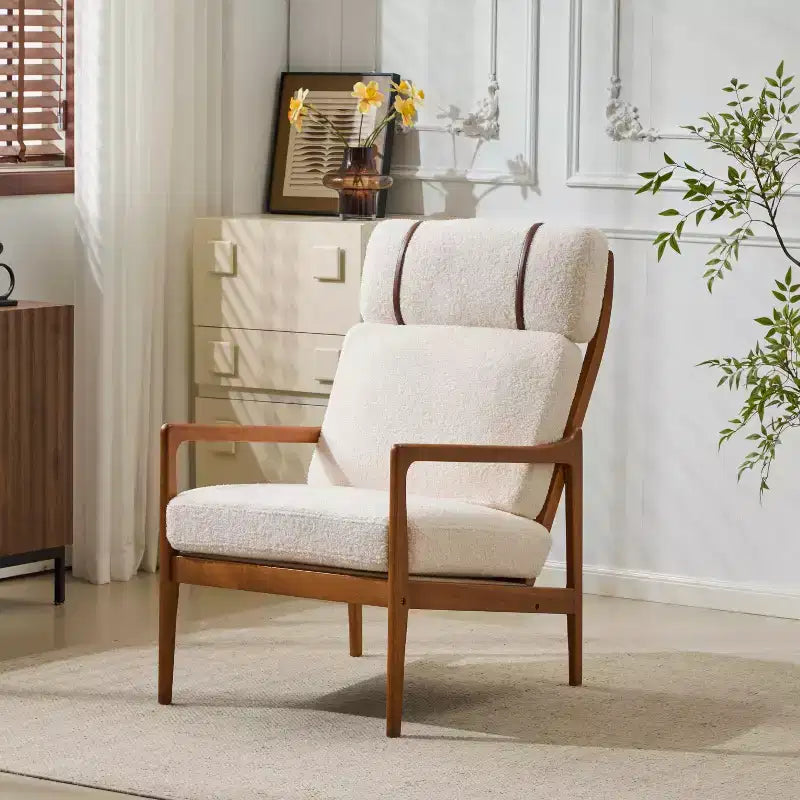 Mid-Century Moderner Holz-Sessel mit hoher Rückenlehne und Kissen