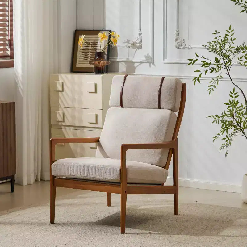 Mid-Century Moderner Holz-Sessel mit hoher Rückenlehne und Kissen