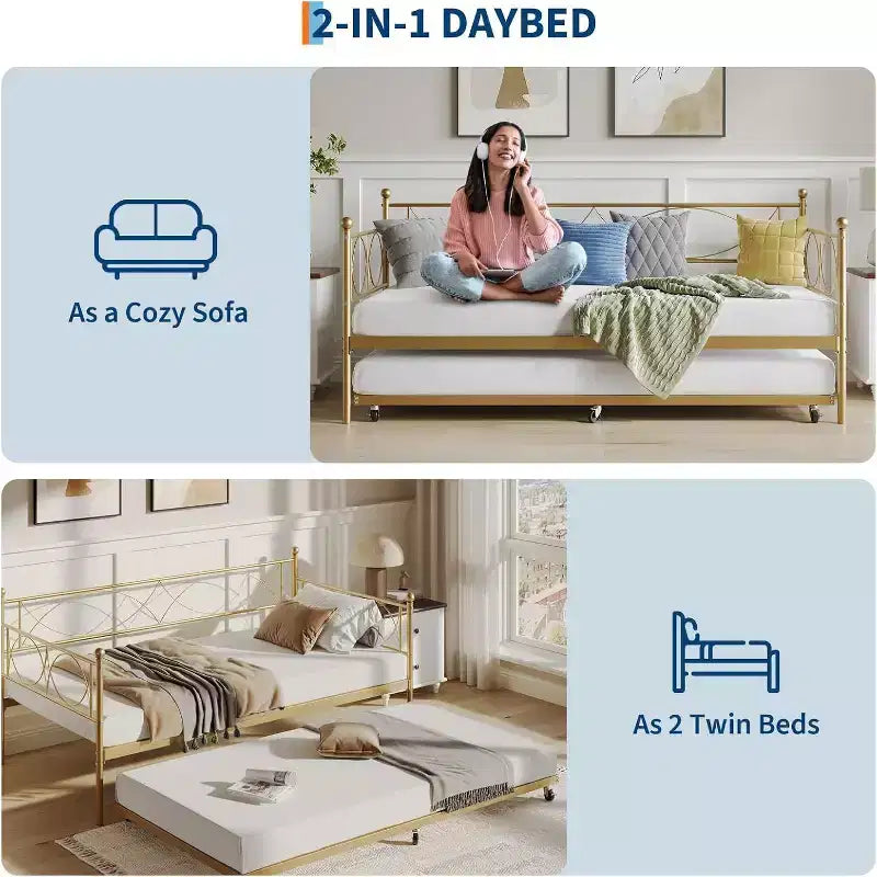 Einzel-Tagesbett, Metall-Schlafsofa-Gestell mit Stahl Lattenrost, platzsparendes Gästebett für Schlafzimmer