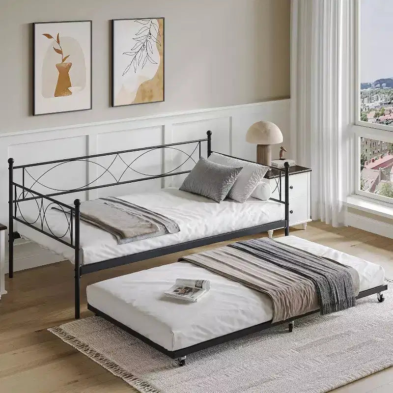 Einzel-Tagesbett, Metall-Schlafsofa-Gestell mit Stahl Lattenrost, platzsparendes Gästebett für Schlafzimmer