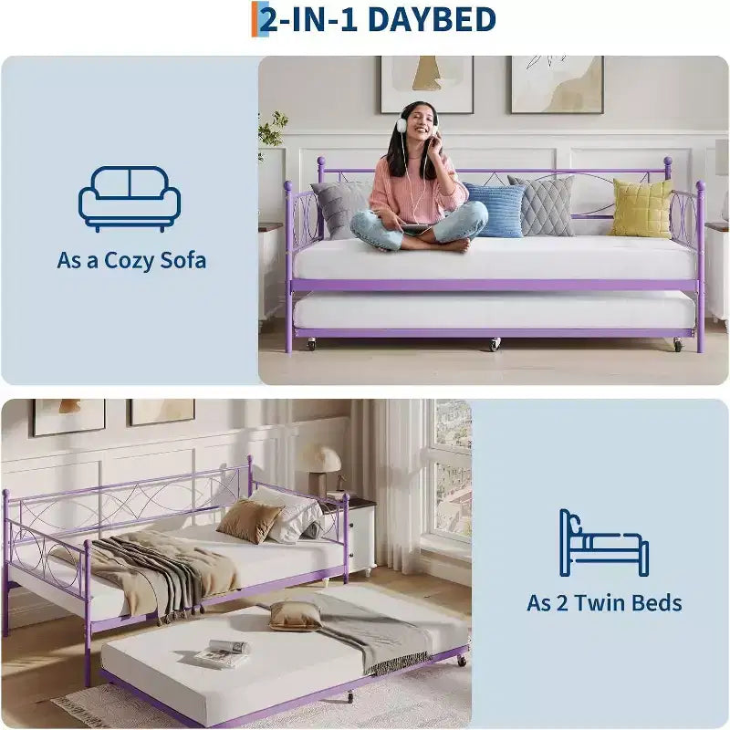 Einzel-Tagesbett, Metall-Schlafsofa-Gestell mit Stahl Lattenrost, platzsparendes Gästebett für Schlafzimmer
