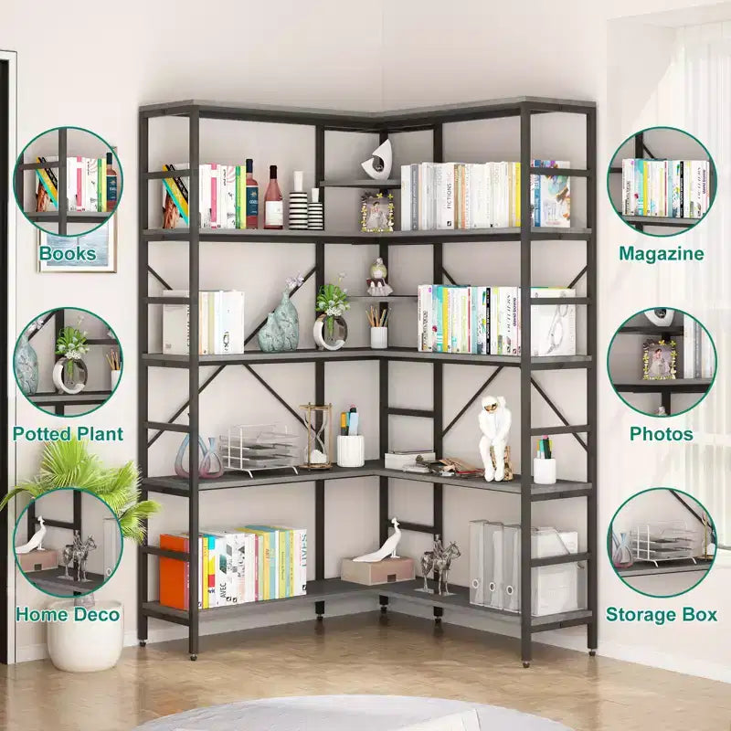 5-stöckiges Eckregal, L-förmiges hohes Bücherregal, industrielle Bücherregale, Metallrahmen für Schlafzimmer, Wohnzimmer, Zuhause, Büro
