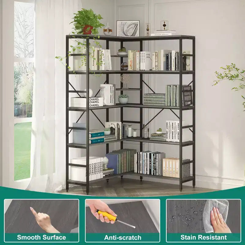 5-stöckiges Eckregal, L-förmiges hohes Bücherregal, industrielle Bücherregale, Metallrahmen für Schlafzimmer, Wohnzimmer, Zuhause, Büro