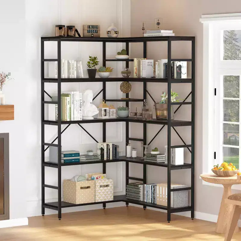 5-stöckiges Eckregal, L-förmiges hohes Bücherregal, industrielle Bücherregale, Metallrahmen für Schlafzimmer, Wohnzimmer, Zuhause, Büro