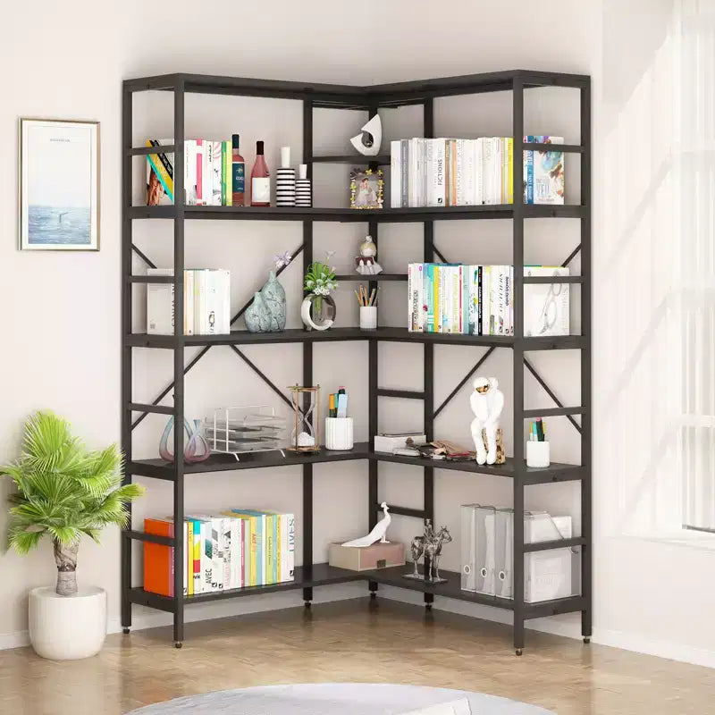 5-stöckiges Eckregal, L-förmiges hohes Bücherregal, industrielle Bücherregale, Metallrahmen für Schlafzimmer, Wohnzimmer, Zuhause, Büro