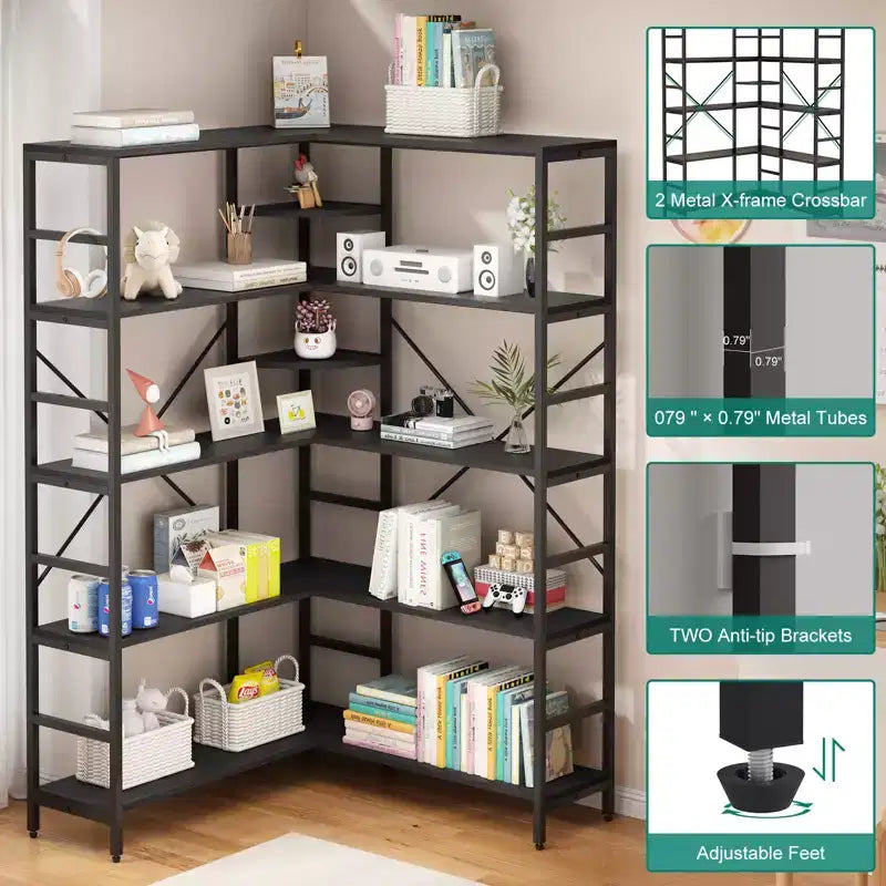 5-stöckiges Eckregal, L-förmiges hohes Bücherregal, industrielle Bücherregale, Metallrahmen für Schlafzimmer, Wohnzimmer, Zuhause, Büro