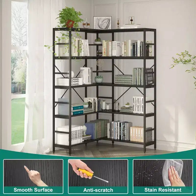 5-stöckiges Eckregal, L-förmiges hohes Bücherregal, industrielle Bücherregale, Metallrahmen für Schlafzimmer, Wohnzimmer, Zuhause, Büro