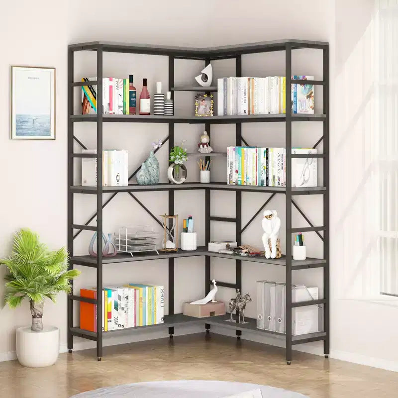 5-stöckiges Eckregal, L-förmiges hohes Bücherregal, industrielle Bücherregale, Metallrahmen für Schlafzimmer, Wohnzimmer, Zuhause, Büro